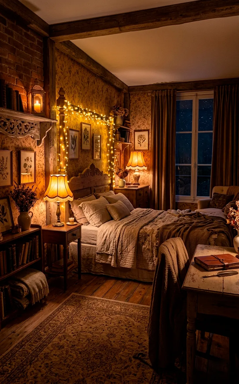 Enchanting studio apartment lit by warm fairy lights, amber lamps, and a glowing lantern at night.
