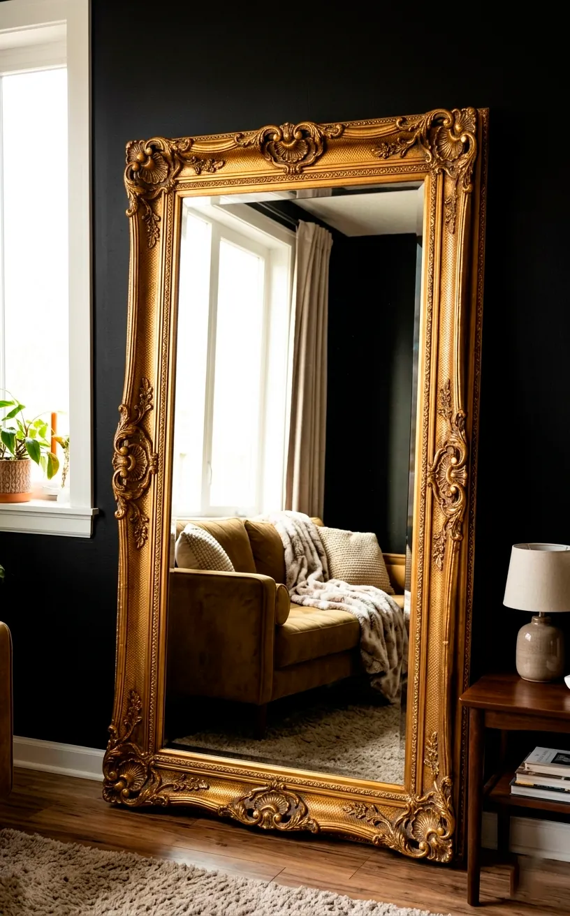 Large ornate gold floor mirror leaning against a black wall in a small, stylish living room.