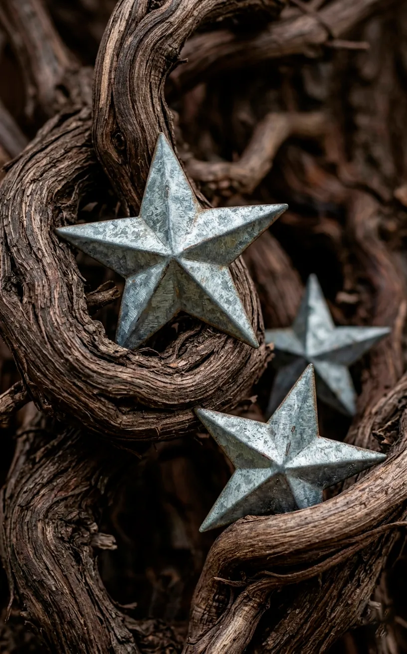 Detail of metal stars attached to a natural grapevine wreath base.