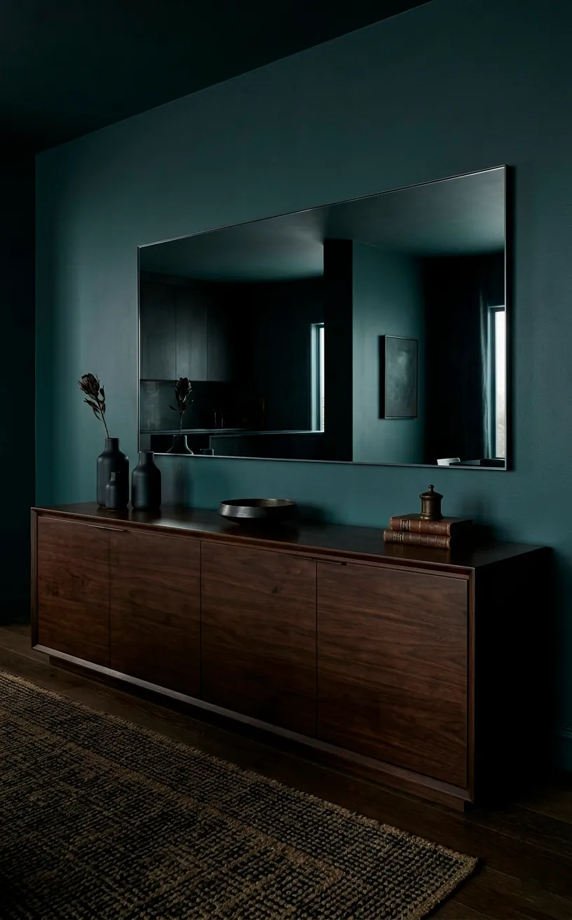 Long low-profile dark wood sideboard against a moody teal wall in a living area.