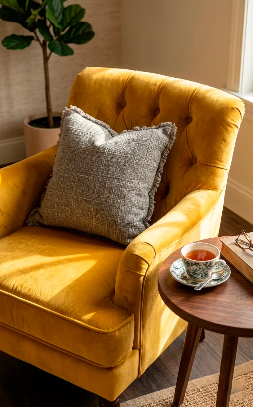 Yellow velvet chair with a grey accent pillow and a side table in a sunlit bedroom.