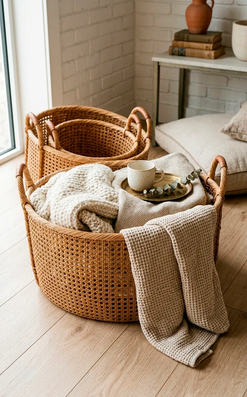 Three different sized rattan storage baskets with one holding plush throw blankets.