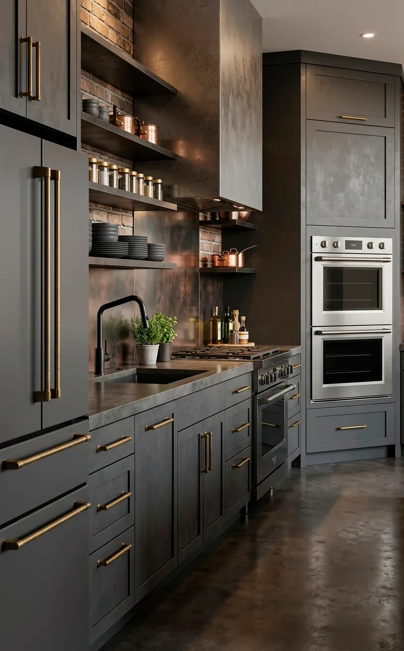 Modern industrial kitchen with mixed metal hardware and dark cabinets.