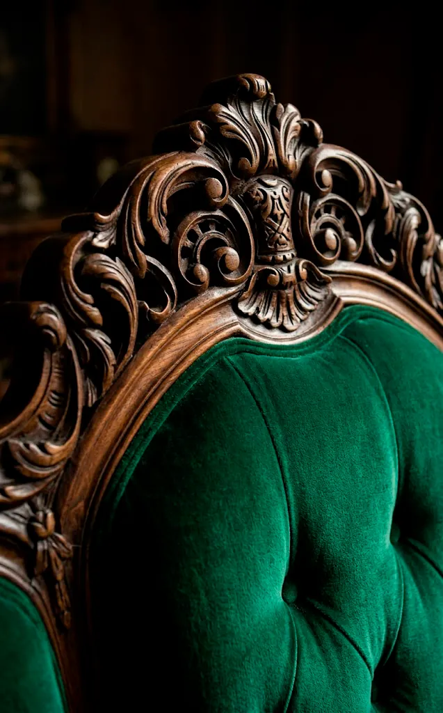 Close-up of mahogany wood carvings on an emerald velvet Victorian sofa.