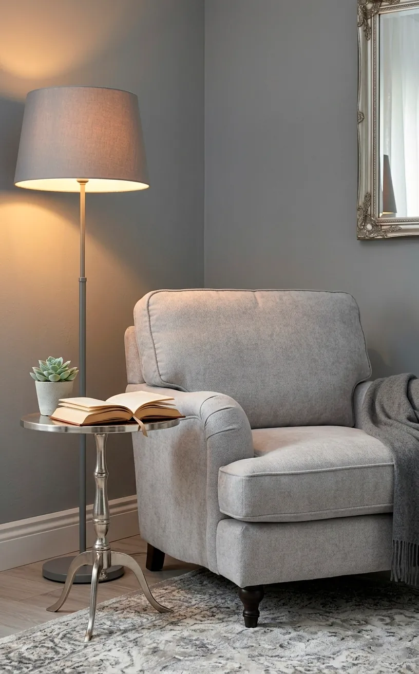 Plush light grey armchair in a cozy dressing room nook.