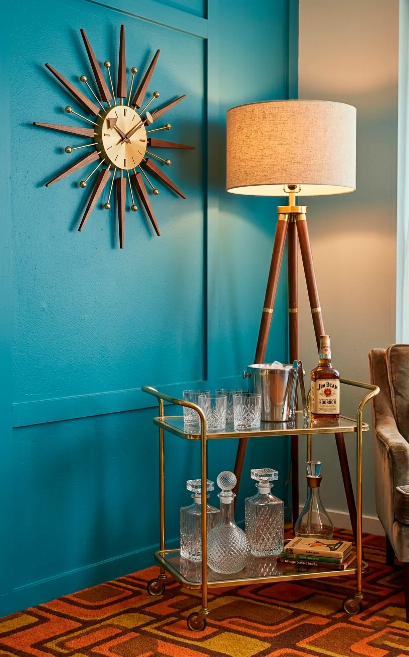 Retro home corner featuring a starburst clock and a tripod lamp in mid-century style.