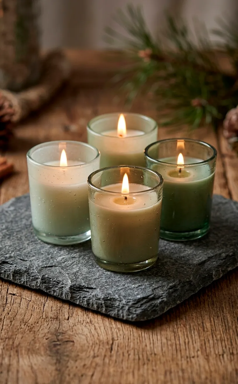 Trio of sage green votive candles on a stone coaster with soft flames.