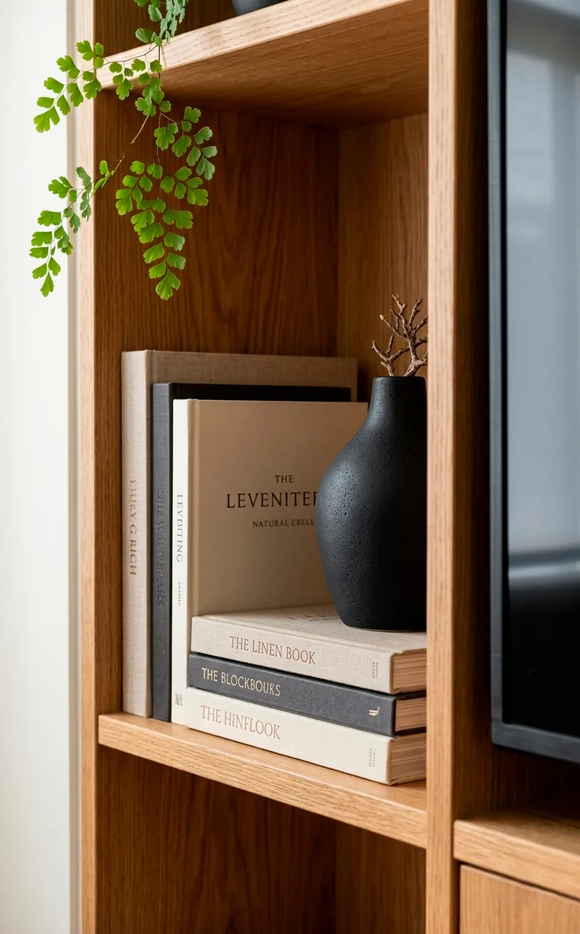Minimalist shelf decor with books and a sculptural black vase.
