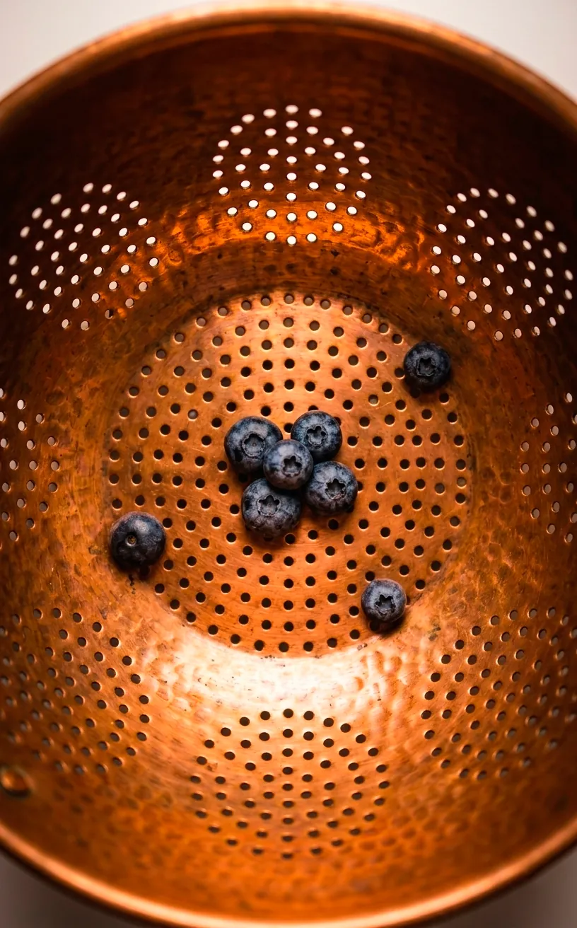 Top-down view of the hole pattern inside a decorative copper colander.