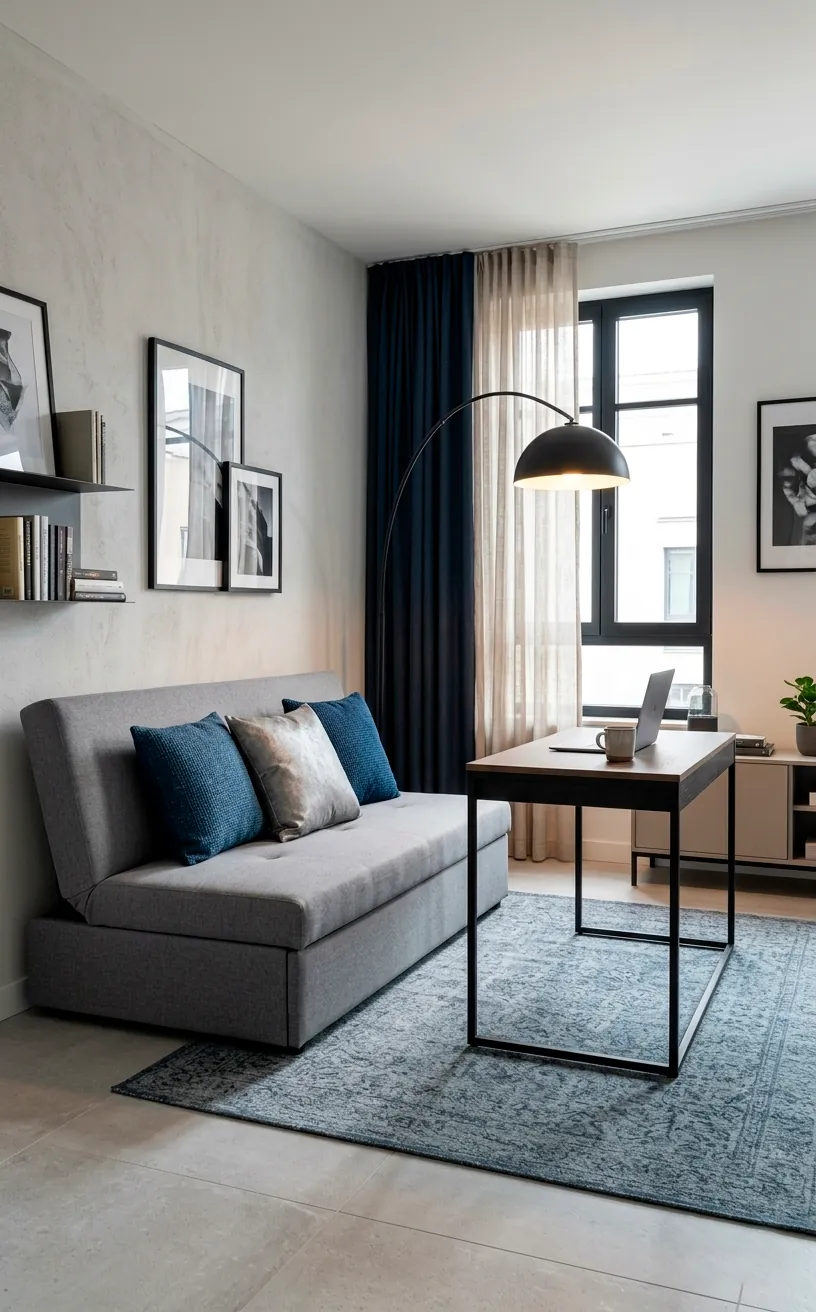 A sleek grey sofa bed and a black minimalist desk in a modern guest room home office.