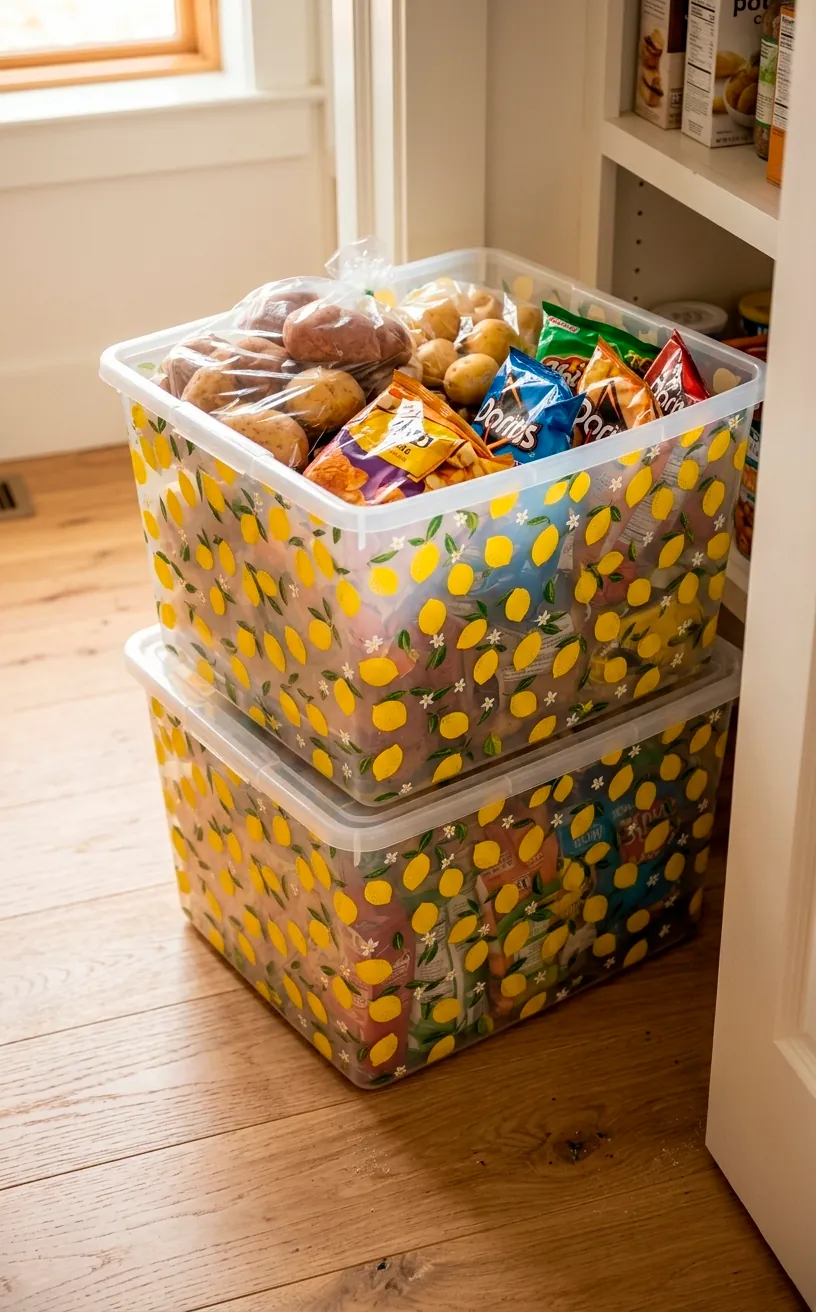 Stackable pantry bins with a lemon pattern for large items.