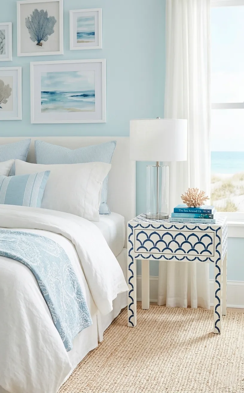 White side table with navy scallop patterns in a bright coastal bedroom.