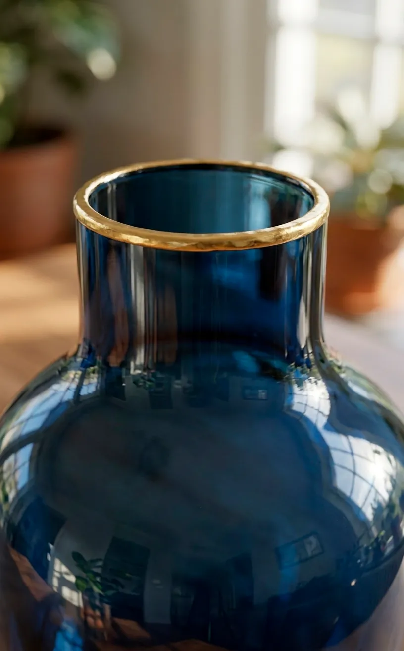 Close-up of navy glass hurricane with gold metal trim.