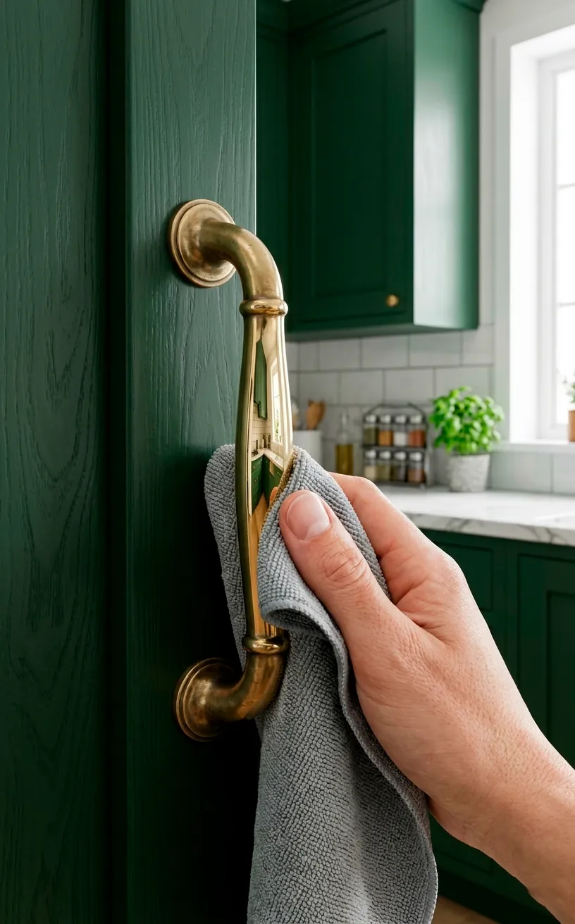 Polishing brass cabinet hardware in a green kitchen with a microfiber cloth.