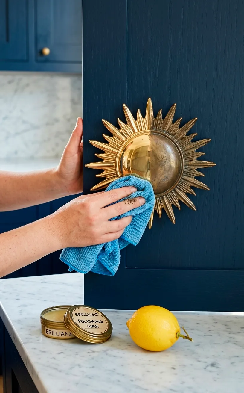 Hand polishing a brass Art Deco cabinet handle with a soft cloth.