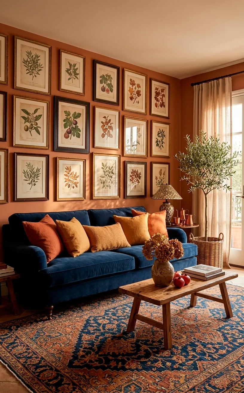 Living room featuring a navy sofa and burnt orange autumn accents.