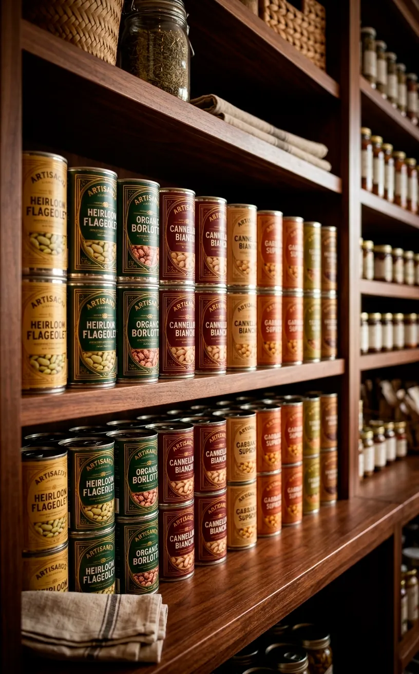 Orderly rows of canned goods on a pantry shelf following FIFO.