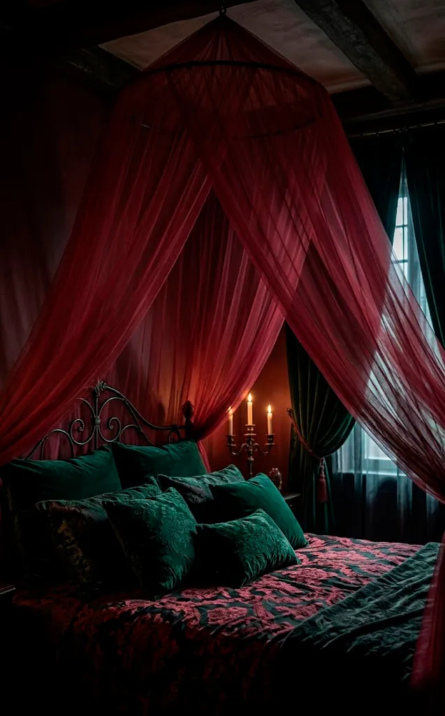 Garnet red tulle bed canopy draped over a bed with emerald pillows.
