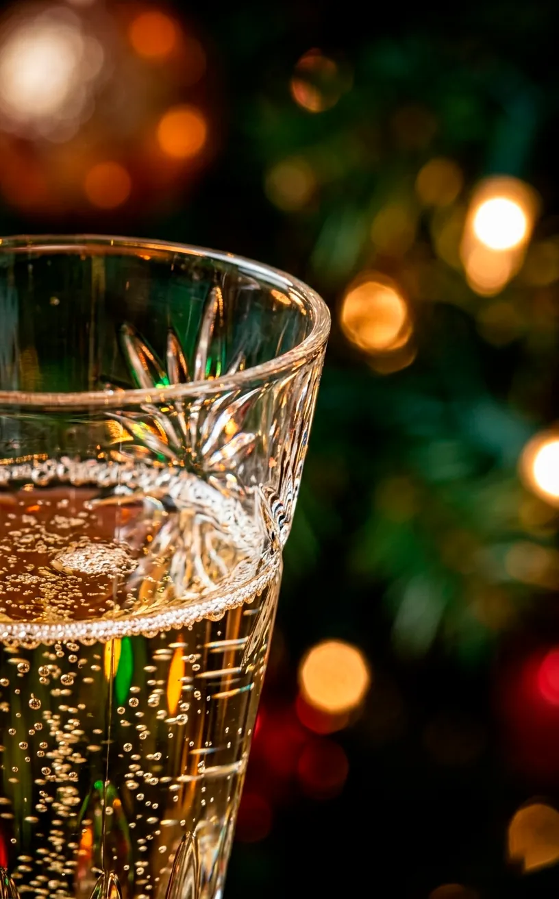 Close-up of an etched crystal glass with a sparkling drink and blurred lights.