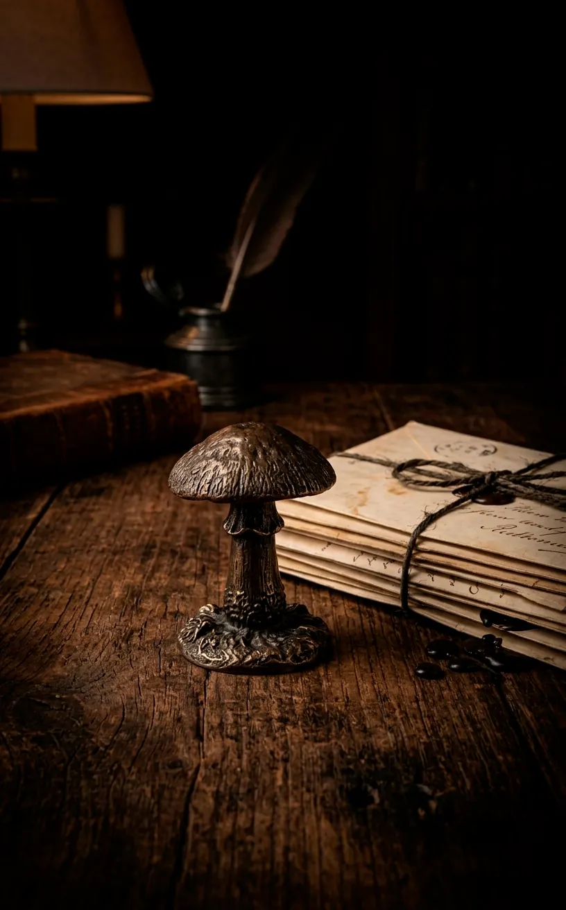 Bronze mushroom figurine next to vintage letters on a dark desk.