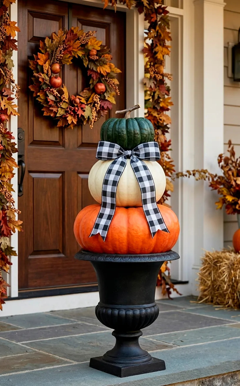 Three-tier pumpkin topiary in a black urn with a plaid ribbon accent.