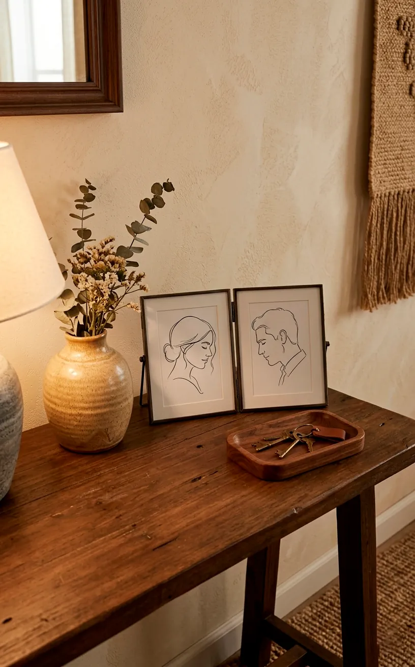 Small framed romantic line art sketches on a modern entryway console table.