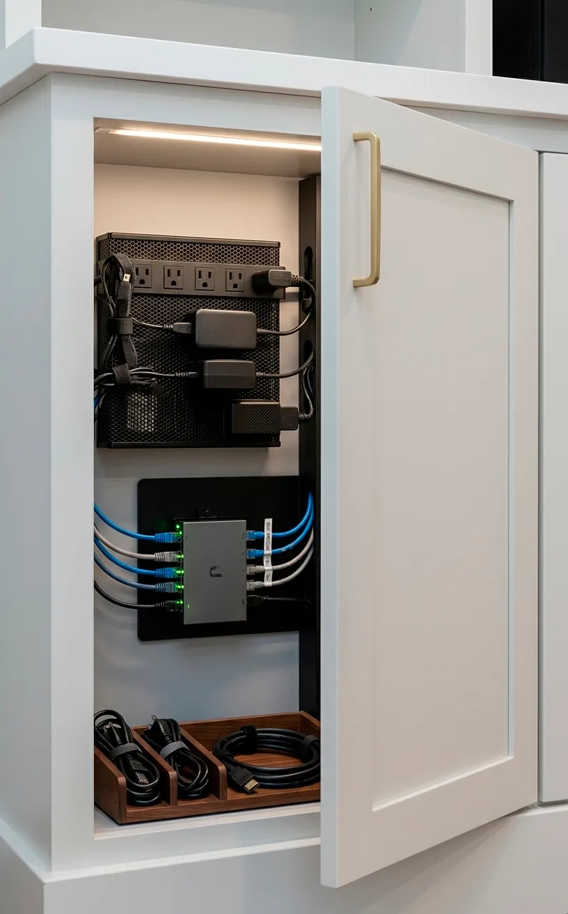 Lower cabinet of a built-in shelf showing hidden cables and media devices.