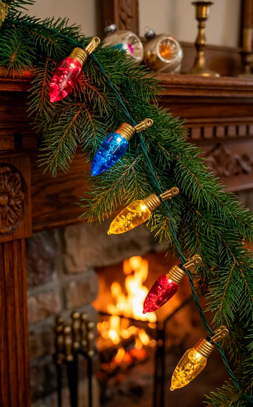 Glowing colorful bubble lights on a green garland across a fireplace mantel.