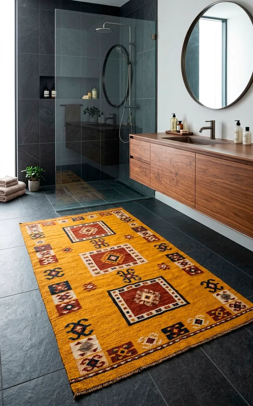 Ochre yellow kilim rug with geometric blocks in a contemporary bathroom with dark grey tiles.