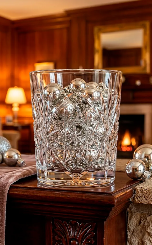 Cut-crystal glass with silver ornaments on a decorated holiday mantel.