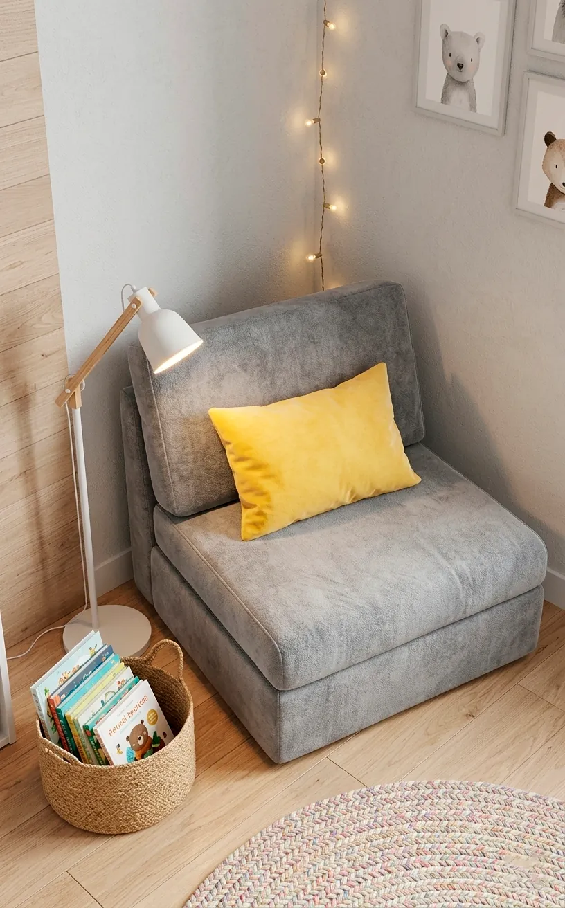 Grey convertible sofa chair in a cozy reading nook corner.
