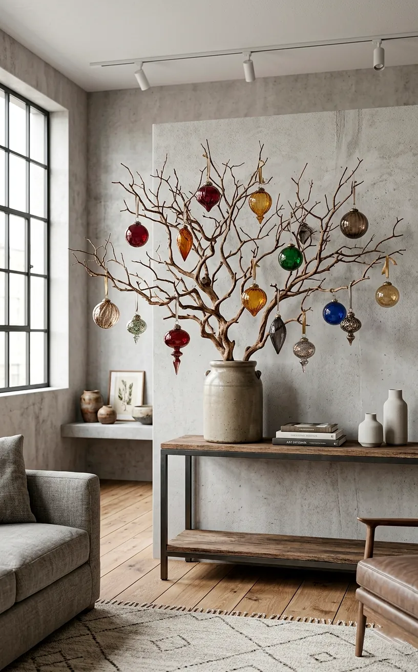 Minimalist branch in a stoneware crock decorated with heirloom glass ornaments.