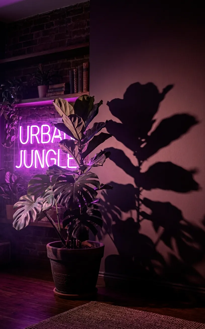 Indoor plant casting dramatic shadows in front of a purple neon sign.
