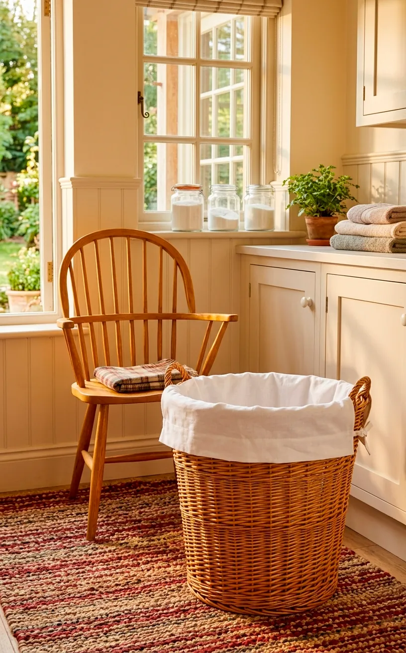Traditional willow laundry hamper with a white linen liner in a cozy room.