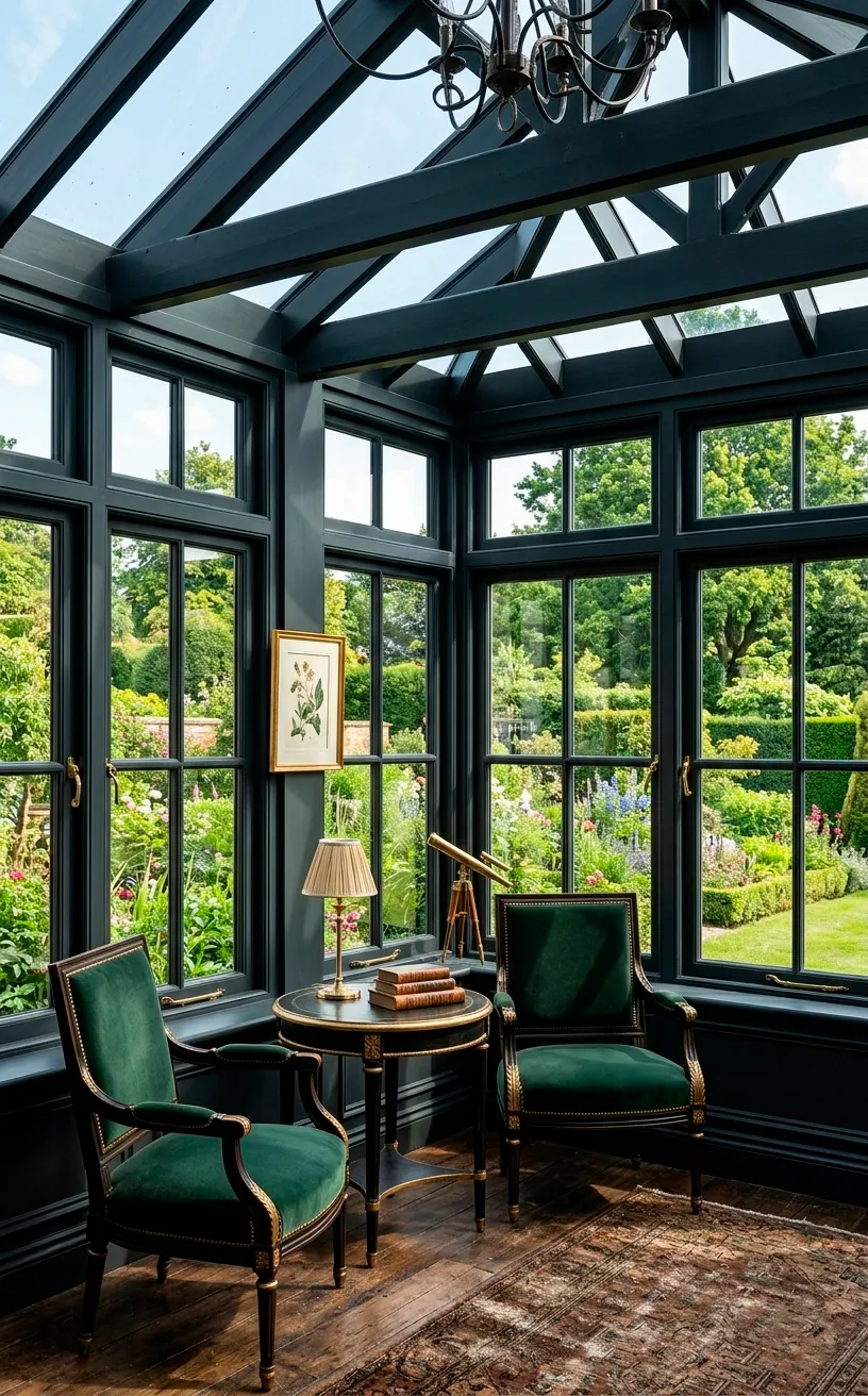 Victorian sunroom featuring dark charcoal window trim and gold accents.