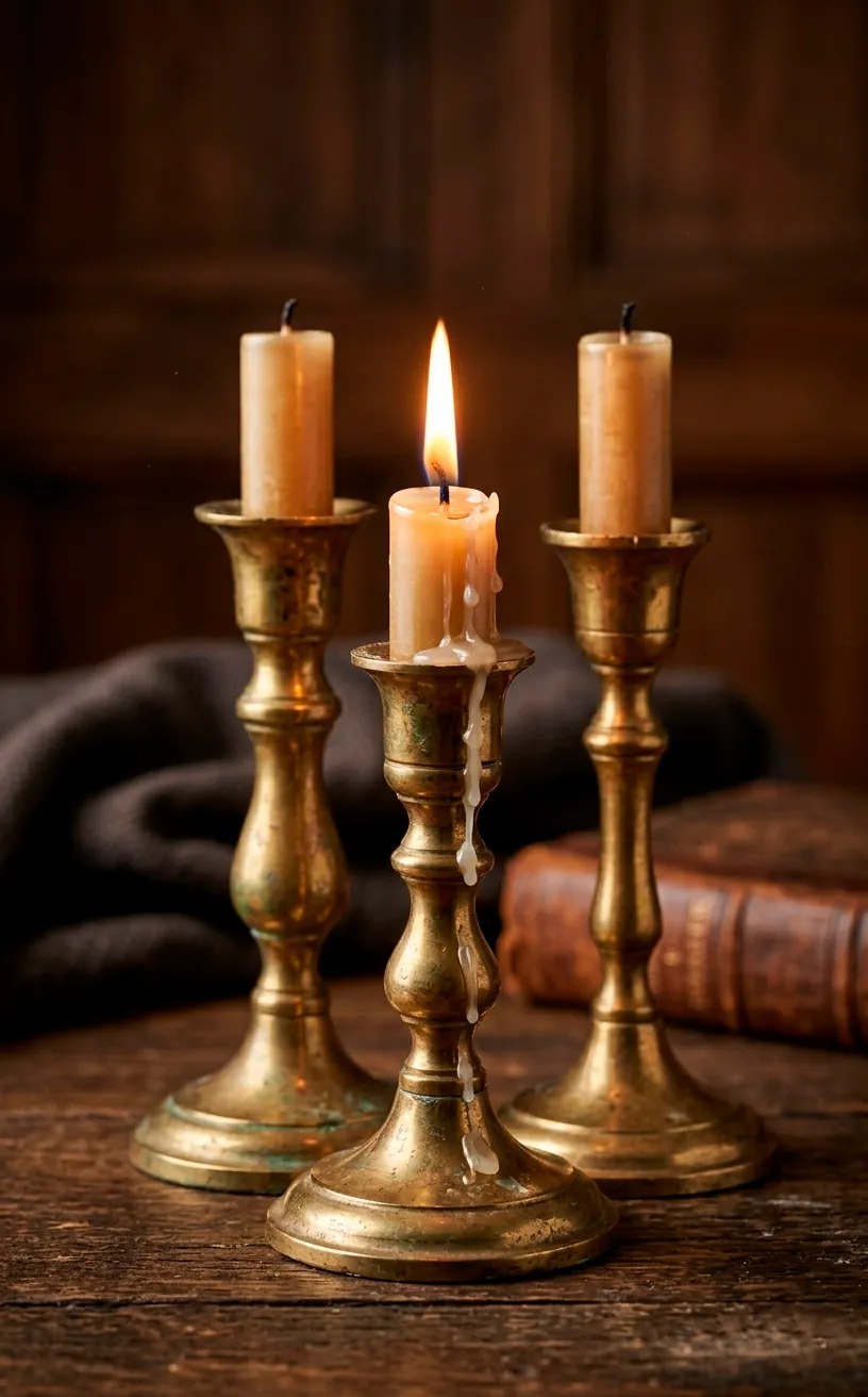 Close-up of brass candlesticks and a lit taper candle on a mantel.