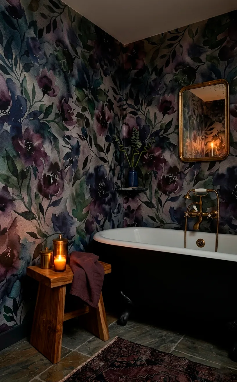 Dark watercolor floral wallpaper in a cozy bathroom with a teak wood stool.