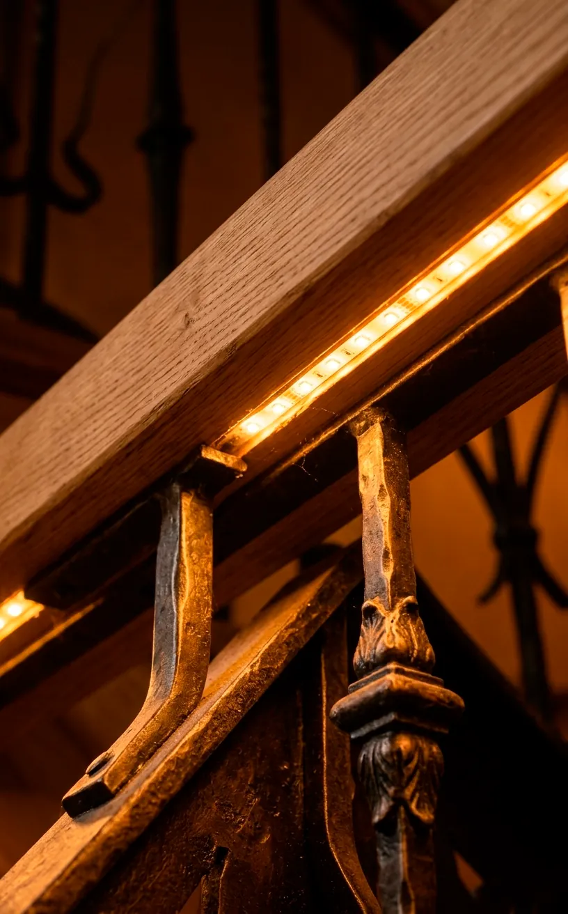 Close-up of recessed LED lighting under a wood stair tread with iron supports.