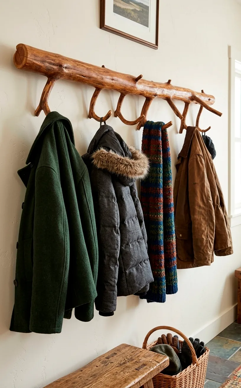 A rustic coat rack made from a natural cedar branch with branch hooks.