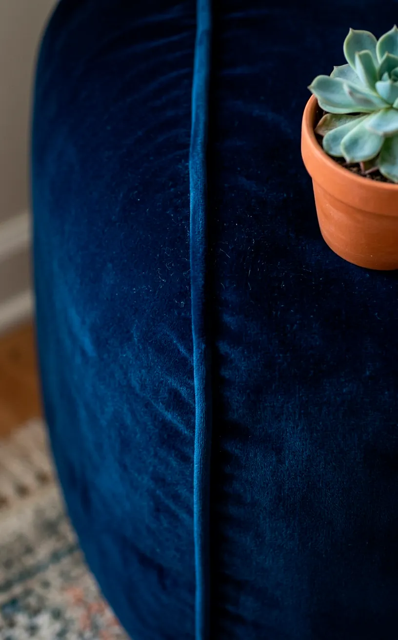 Close-up of navy blue velvet fabric and stitching on a round floor pouf.