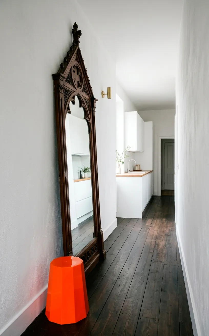 Tall Victorian Gothic floor mirror leaning against a white wall next to a modern stool.