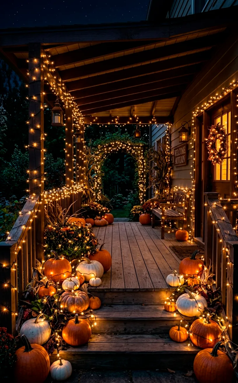 Copper twinkle lights woven through pumpkins on a dark porch.