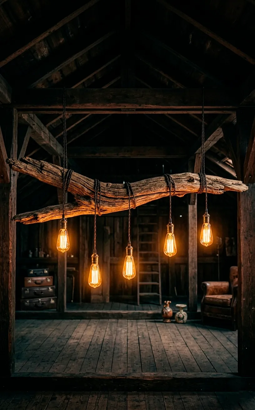 Handmade driftwood chandelier with Edison bulbs in a sustainable loft.