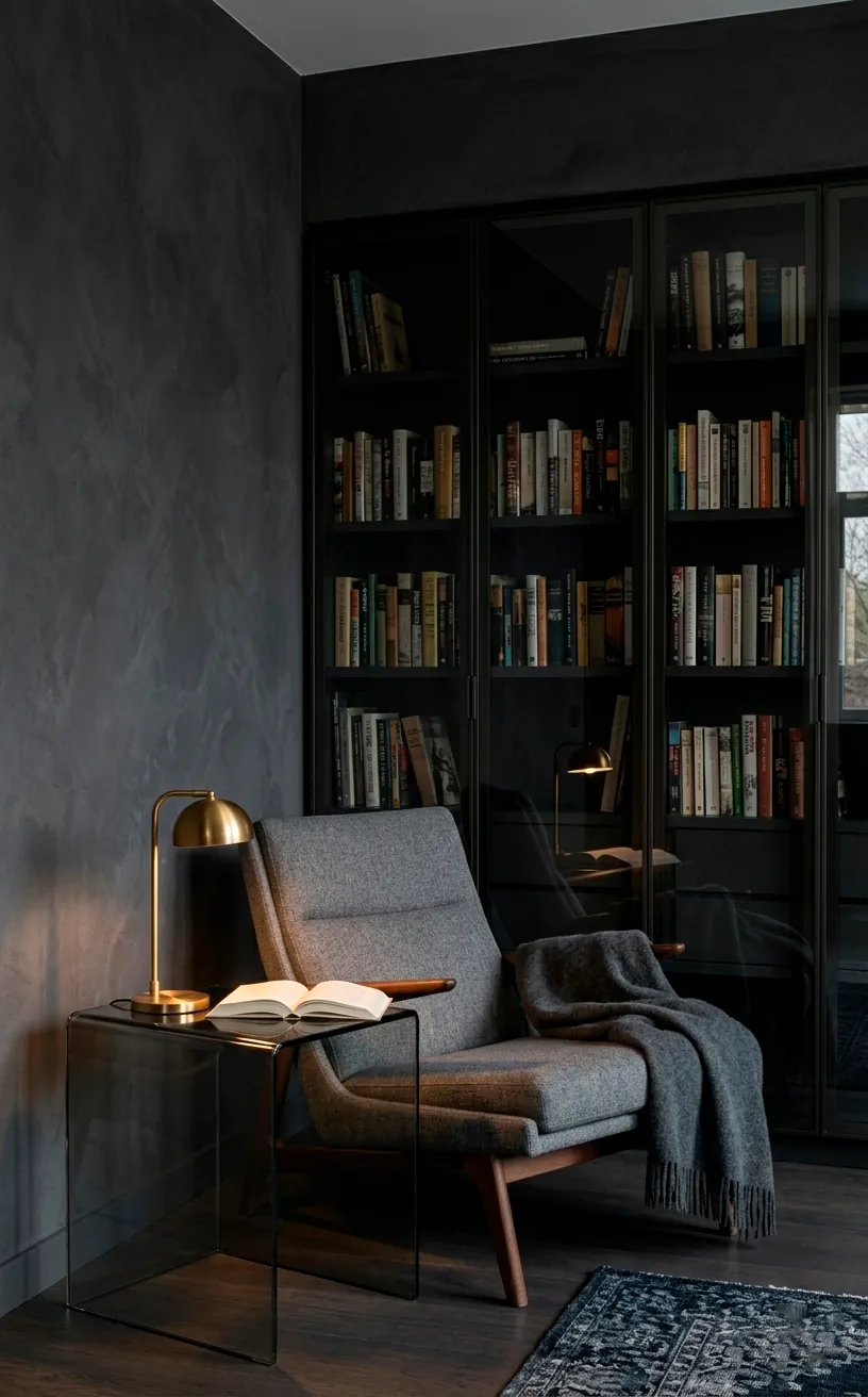 Modern reading nook with smoked glass side table and charcoal decor.