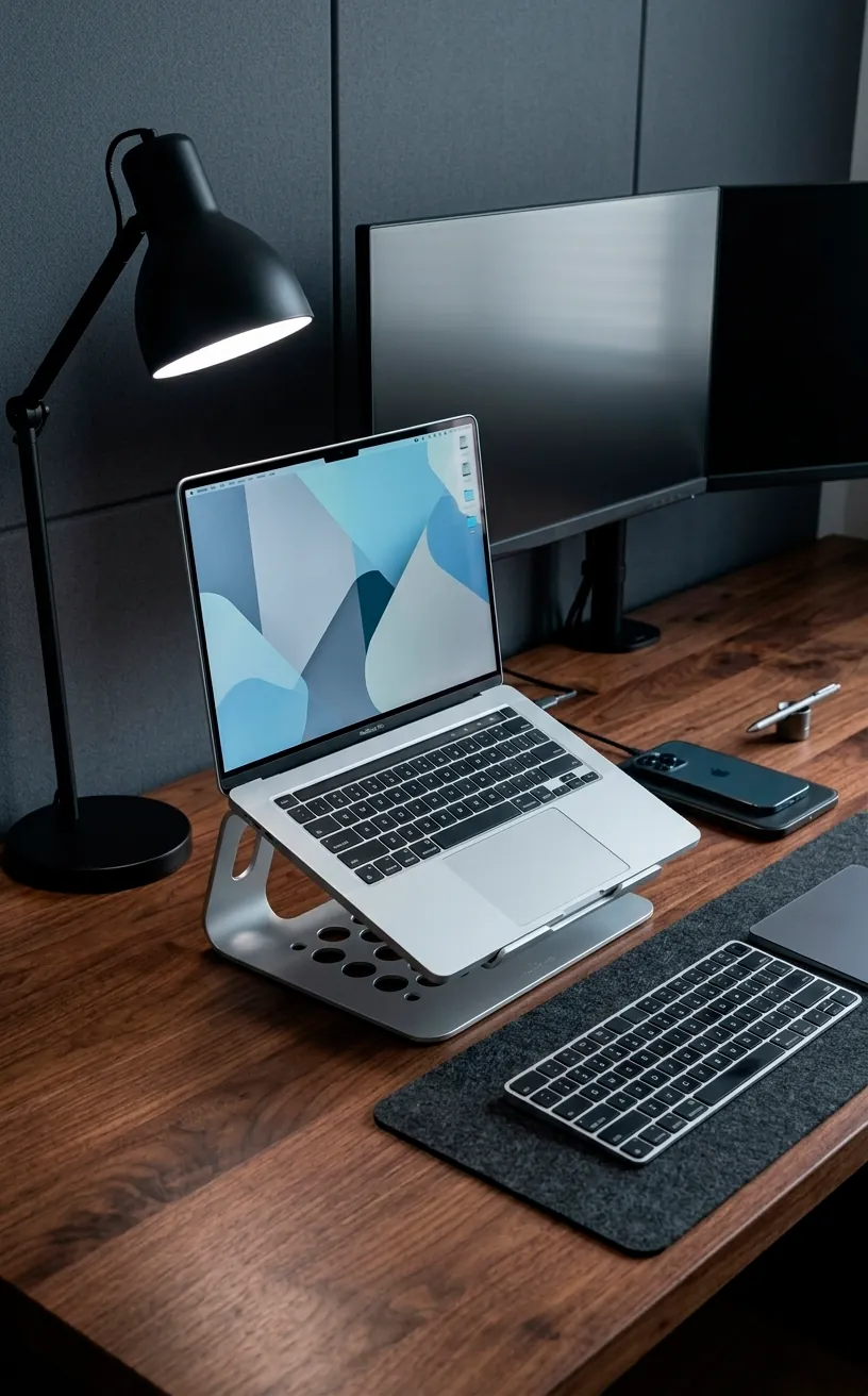 Aluminum laptop cooling stand on a dark wood desk in a modern summer office.