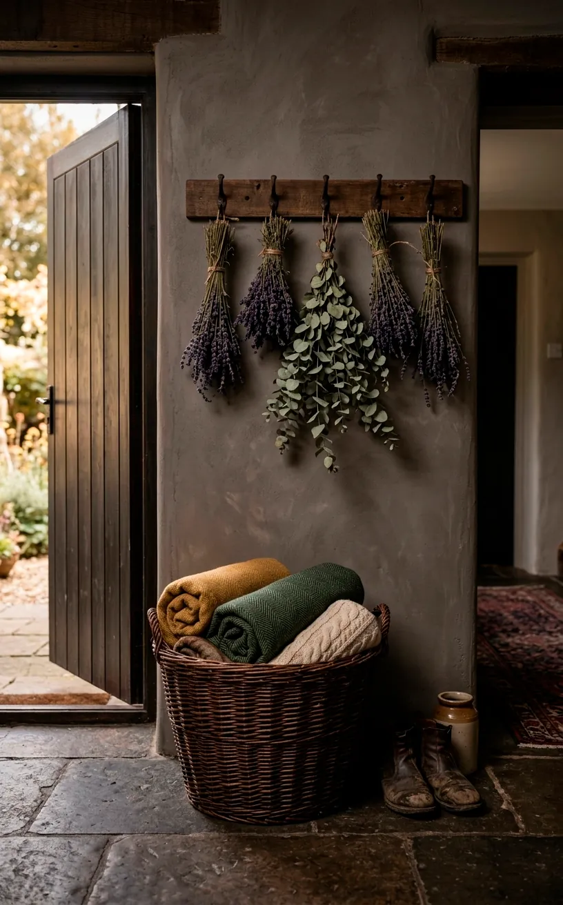 Dark willow basket and dried herbs in a moody cottagecore entryway.