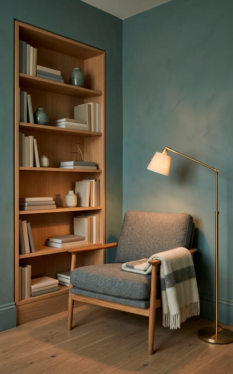 Moody Japandi nook with Pigeon blue-green walls and oak bookshelf.