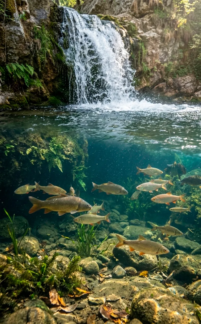 Clear pond water and healthy fish swimming near a waterfall splash.