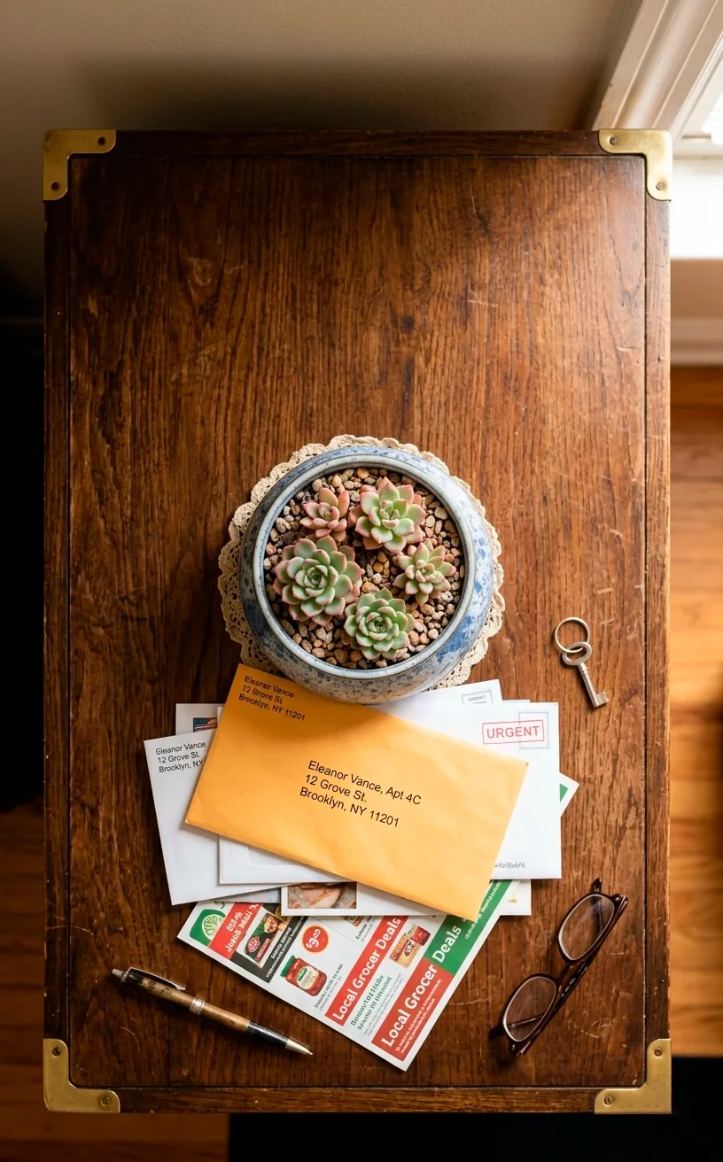 Top view of a small blue dresser with a succulent plant.