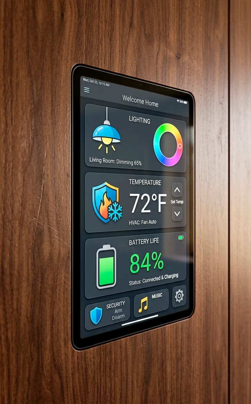 Smart home control panel integrated into a wood van wall.